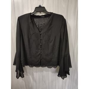 Dress Barn Black Button Up Blouse with 3/4 Flared Bell Sleeve Beaded Plus 20W
